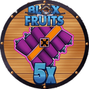 Five purple legendary scrolls bundled together with an orange strap on a circular wooden background with the Blox Fruits log…