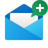 Blue envelope with a green speech bubble containing a white plus sign.