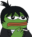 Pepe the Frog wearing Aki Hayakawa's hair and suit, looking tired while holding a lit cigarette.