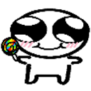 A simple white doodle character with large eyes and pink blush marks holding a rainbow-colored lollipop.