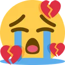 Yellow emoji face crying with blue tears and three broken red hearts surrounding it.