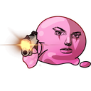 Kirby with a realistic human face pointing a handgun forward with a serious expression.