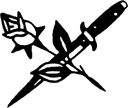 A stylized black and white line-art drawing of a magical staff.