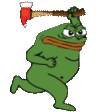 Pepe the Frog running with a large axe held above his head.