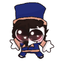 A tiny chibi character with a blue hat and large, expressive eyes looking forward.