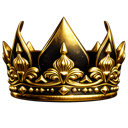 Golden crown with intricate filigree details set against a black background.