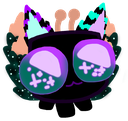A cute dark creature with giant glowing purple eyes and magical symbols inside them looking shocked.