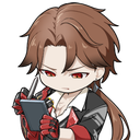 A chibi anime character with brown hair and red eyes looking serious while writing in a small notebook.
