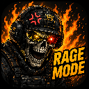 A tactical skull wearing a helmet and headset with glowing red eyes surrounded by intense flames and the text Rage Mode.