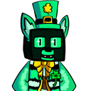 A blocky neon green cat wearing a leprechaun top hat and a golden bow tie.