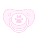 A pink pixel art pacifier with a white paw print on the center shield.
