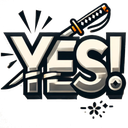 The word YES in bold, stylized lettering with a katana sword piercing through the characters.
