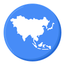 White silhouette of the Asian continent centered on a solid blue circle.