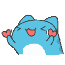 Bugcat Capoo the blue cat character smiling widely while holding two small red hearts.
