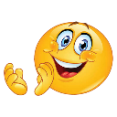 Yellow smiley face clapping its hands together with a wide, joyful grin.