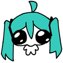 Hatsune Miku as a small creature with giant pleading eyes and teal hair.