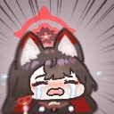 A chibi fox girl with red ears crying with large, flowing tears and a dramatic background.