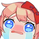 Sayori from Doki Doki Literature Club with oversized blue eyes shedding large cartoon tears.