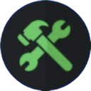 Hammer and wrench crossed over a dark circular background.