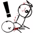 Stick figure character performing a sudden violent attack on another stick figure with blood splatter.