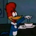 Woody Woodpecker smiling while stirring a cup of liquid with a spoon.