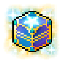 A pixelated blue cube with a glowing star center and golden trim surrounded by sparkling light effects.