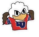 A cartoon bird mascot in a red jersey flexing its arms with a determined expression.