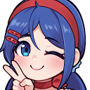 Anime girl with blue hair winking and holding up a peace sign with her hand.