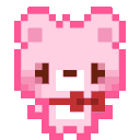 A small pink pixel bear wearing a red bowtie sparkles with magical energy.