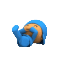 Pocoyo rolling on the floor laughing with his hands over his face.