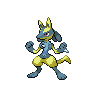 Shiny Lucario standing in a combat pose with yellow fur and blue accents.