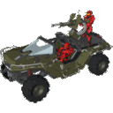 Warthog vehicle with a mounted turret firing in a repeating pixel animation.