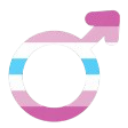 Male gender symbol filled with horizontal pink, white, and light blue stripes.