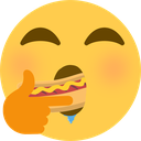 Yellow smiley face eating a hot dog with a satisfied expression.