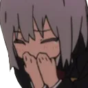 Anime girl with short gray hair covering her mouth with both hands while giggling.