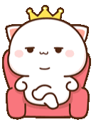 A cute white cat with a smug expression sitting on a red throne while wearing a golden crown.