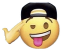 Yellow face wearing a black baseball cap winking and sticking its tongue out while saluting.
