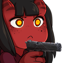 A red-skinned demon girl with glowing yellow eyes holding a black handgun with a serious expression.