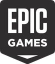 Epic Games logo featuring white text on a black shield background.