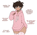 A cartoon character with brown hair wearing a pink hoodie and thigh-high socks, looking lonely while surrounded by text bubb…