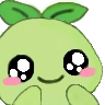 A cute green sprout character with large sparkling eyes and pink blushing cheeks smiling happily.