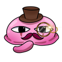 A pink blob character wearing a brown top hat and a gold monocle with a dark mustache.