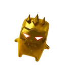 A golden boss character wearing a crown with glowing eyes looking intense.