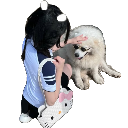 A person with dark hair wearing a blue shirt pets a small white fluffy dog.