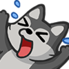 Husky with eyes closed and mouth wide open howling with blue tear drops flying off.