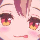 Anime girl face with large yellow eyes and a tongue sticking out in a playful expression.