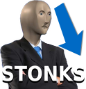 Meme Man standing with arms crossed in front of a downward-trending blue stock chart with the text STONKS.
