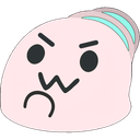 A pink blob character with furrowed brows and a w-shaped mouth expressing a mischievous, evil look.