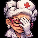 Elderly nurse with glasses and a white uniform cap covering her face with one hand in a gesture of frustration.