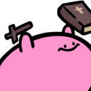 Kirby holds a wooden cross and a holy book with a smug, simple smile.